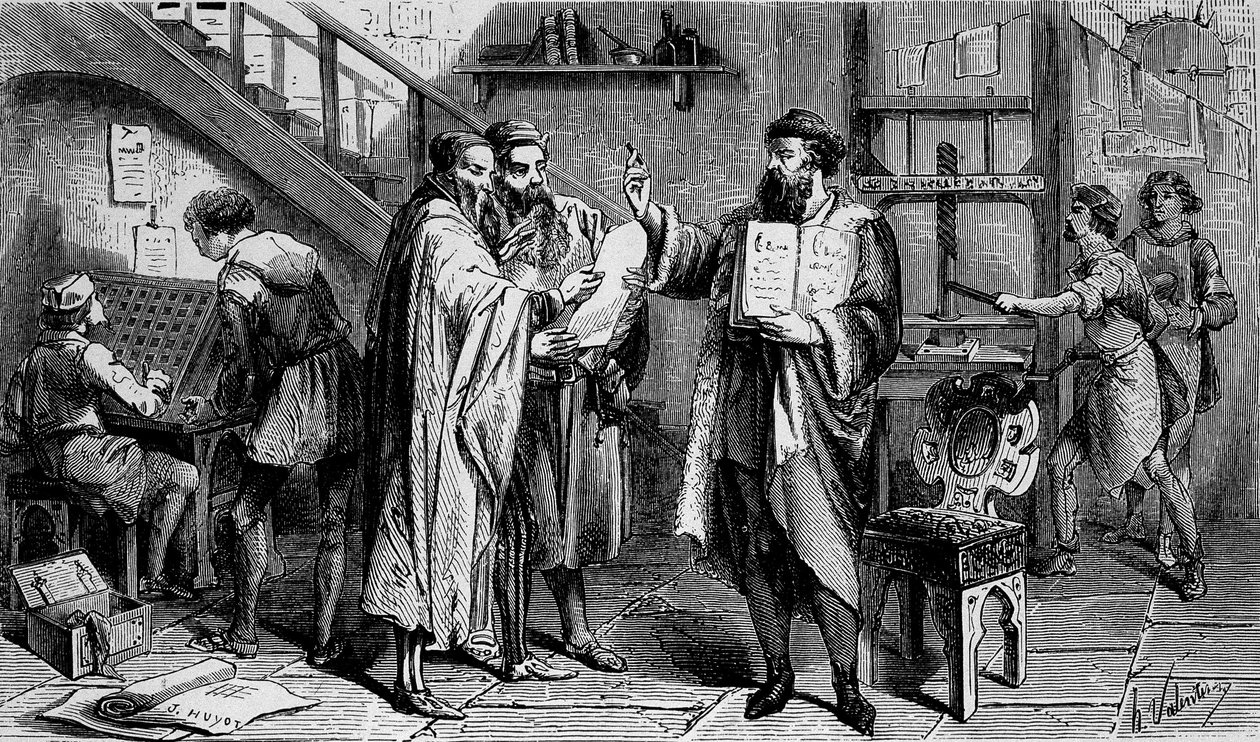 Uma tipografia do século XV, gravura do século XIX. de Unknown artist
