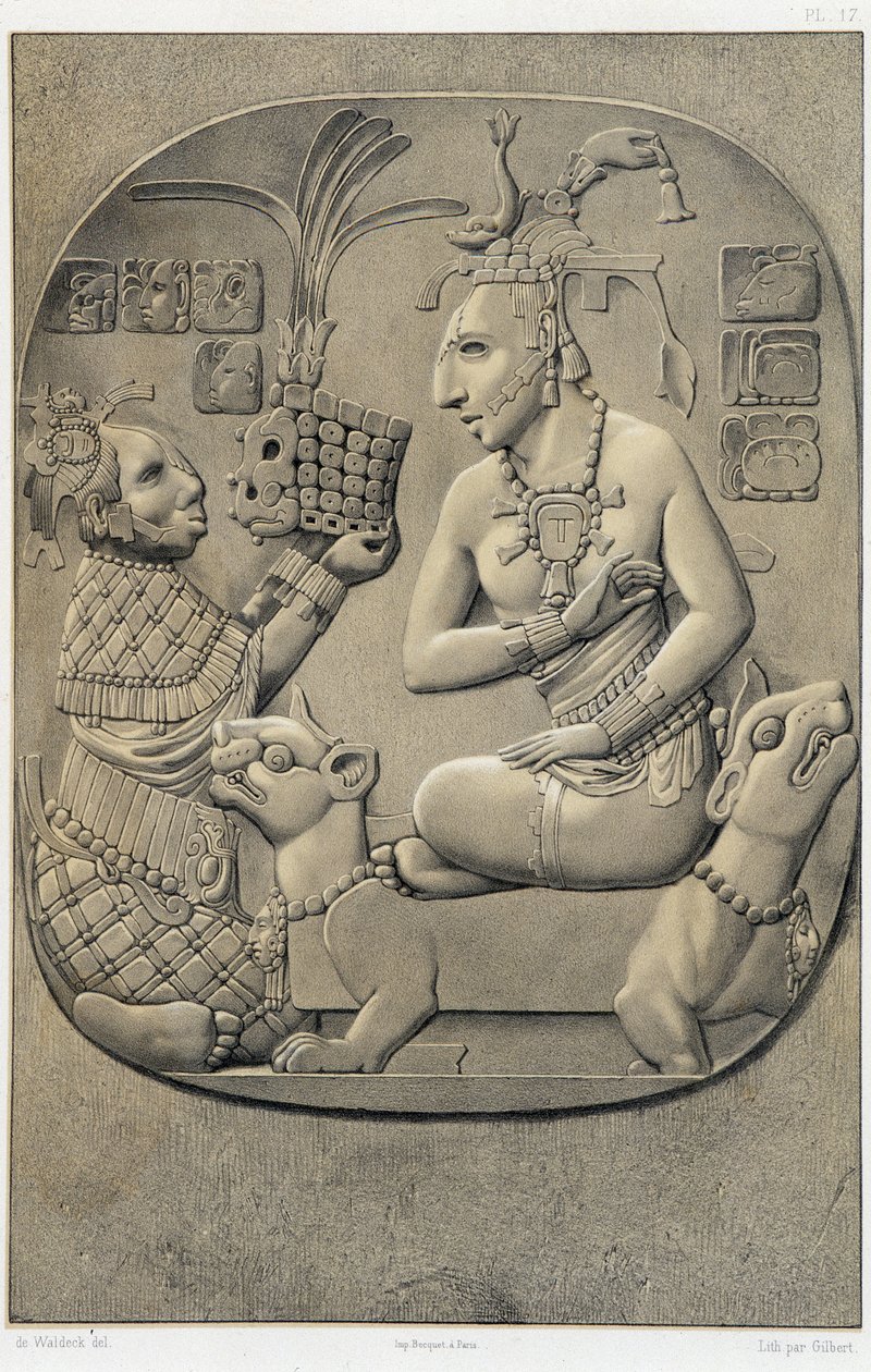 Uma rainha agachada em um sofá, recebendo uma oferta de uma mulher etíope - em "Ancient Monuments of Mexico": Palenqué e Outras Ruínas da Antiga Civilização do México" por Brasseur de Bourbourg, Paris de Unknown artist