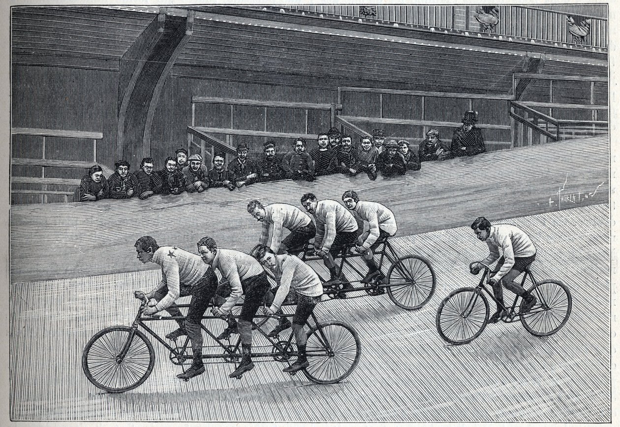 Um ciclista de recordes com os seus treinadores em comboios triplet numa pista de bicicletas. Gravura em "La Nature". de Unknown artist