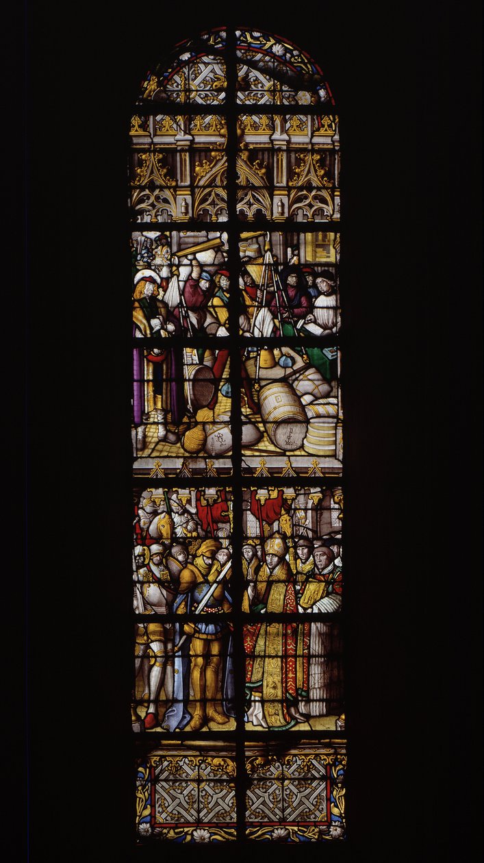 Um direito a pesos e medidas, garantido pela presença de um controlador apropriado (topo). Chilperic recebido pelo eveque de Tournai após a derrota do seu irmão Sigebert (em baixo). Vidro manchado no Cathedrale de Tournai: Transeptar à direita (3). de Unknown artist