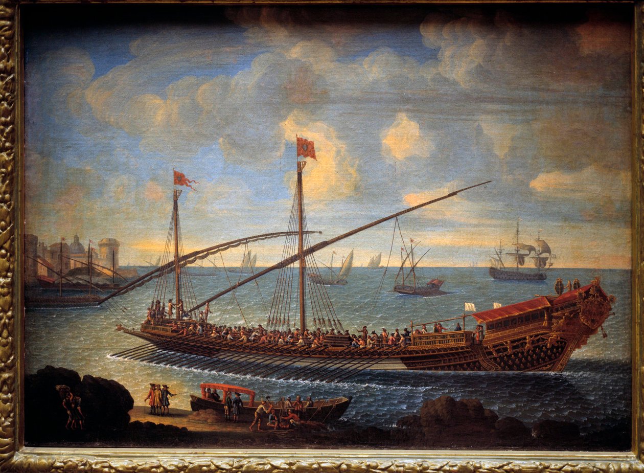 Uma galera real retornando ao porto Esta é a "Reale de France", construída em 1679. Pintura anónima do século XVII. Paris, Musee de la Marine de Unknown artist