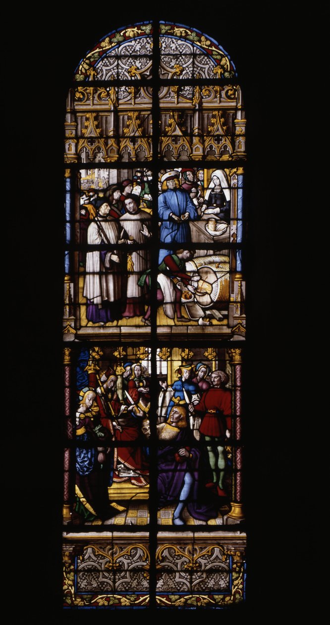 Uma realeza na venda de vinho, foi e no balcão (no topo). Ao preço do ouro, Fredegonde armado com uma adaga envenenada, duas tesouras de Therouanne (em baixo). Taça manchada na Cathedrale de Tournai: Transeptar à direita (4). de Unknown artist