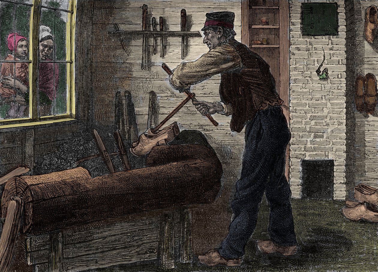 Um sabotador a trabalhar na sua oficina na Bélgica, em "Le journal de la jeunesse 1888". de Unknown artist