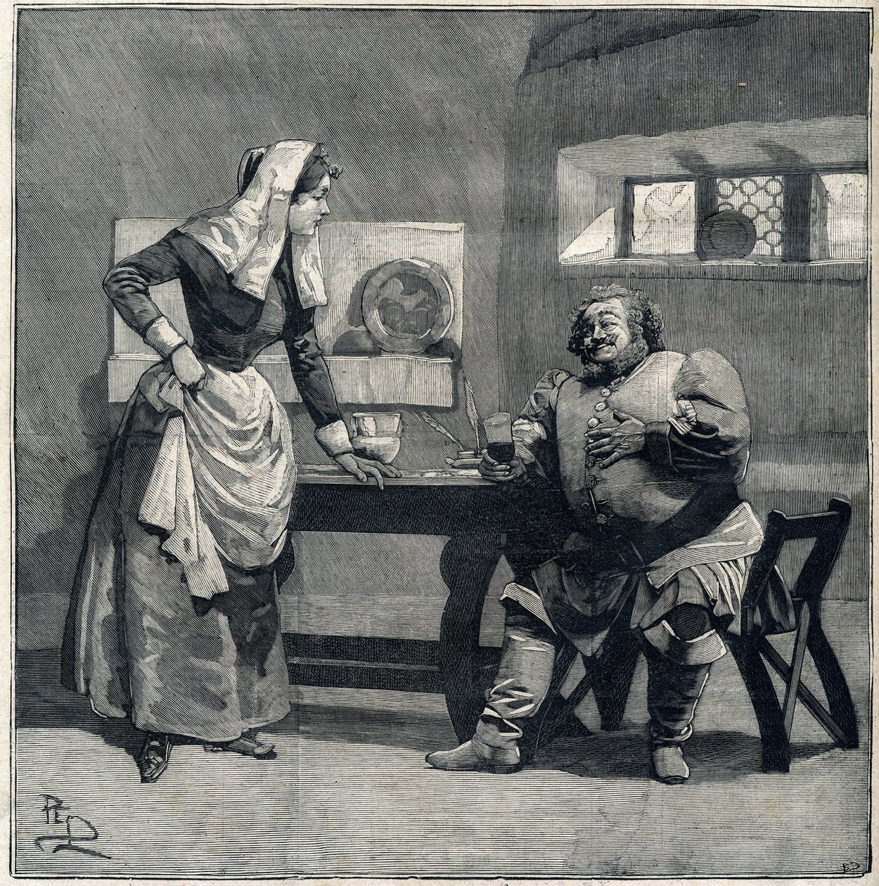 Uma cena de "Falstaff" do epônimo de ópera de Giuseppe Verdi foi criada em 1893. Gravura em "Le Parisien". de Unknown artist
