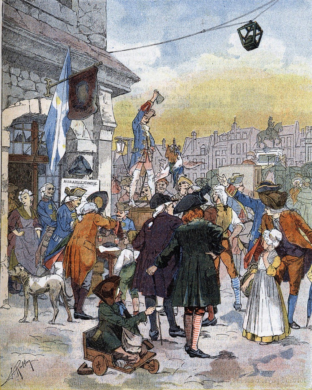 Uma cena de recrutamento no século XVIII, uma ilustração do final do século XIX. de Unknown artist
