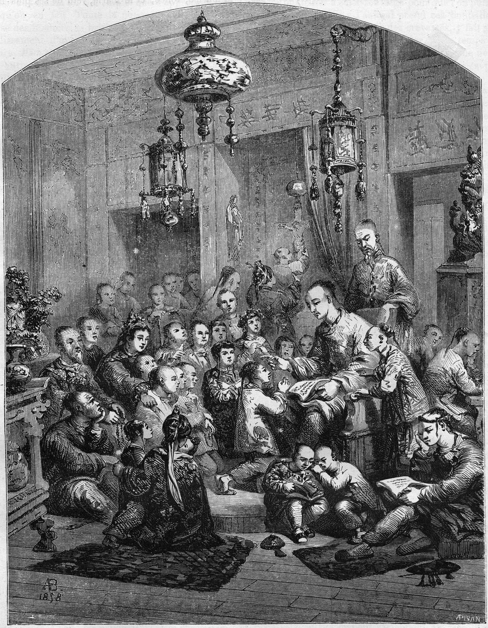 Uma escola na China, em 1858. de Unknown artist