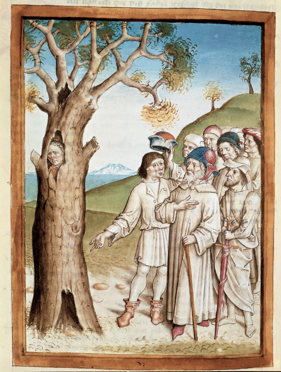 Um homem de busca esconde-se num tronco de árvore em miniatura de uma tradução alemã das fábulas de Bidpai "Kalila (Calila) e Dimna". (ms. 1389, fol. 36) por volta de 1480 Chantilly, musee Conde de Unknown artist