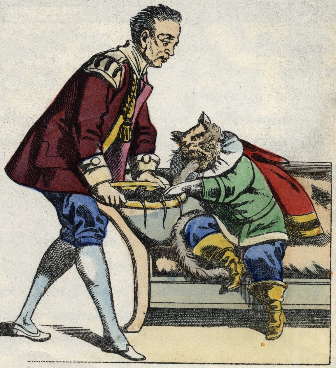 Um criado serve botas de gato a um tabuleiro de rato. Ilustração do conto "The cat botte", de Charles Perrault de Unknown artist