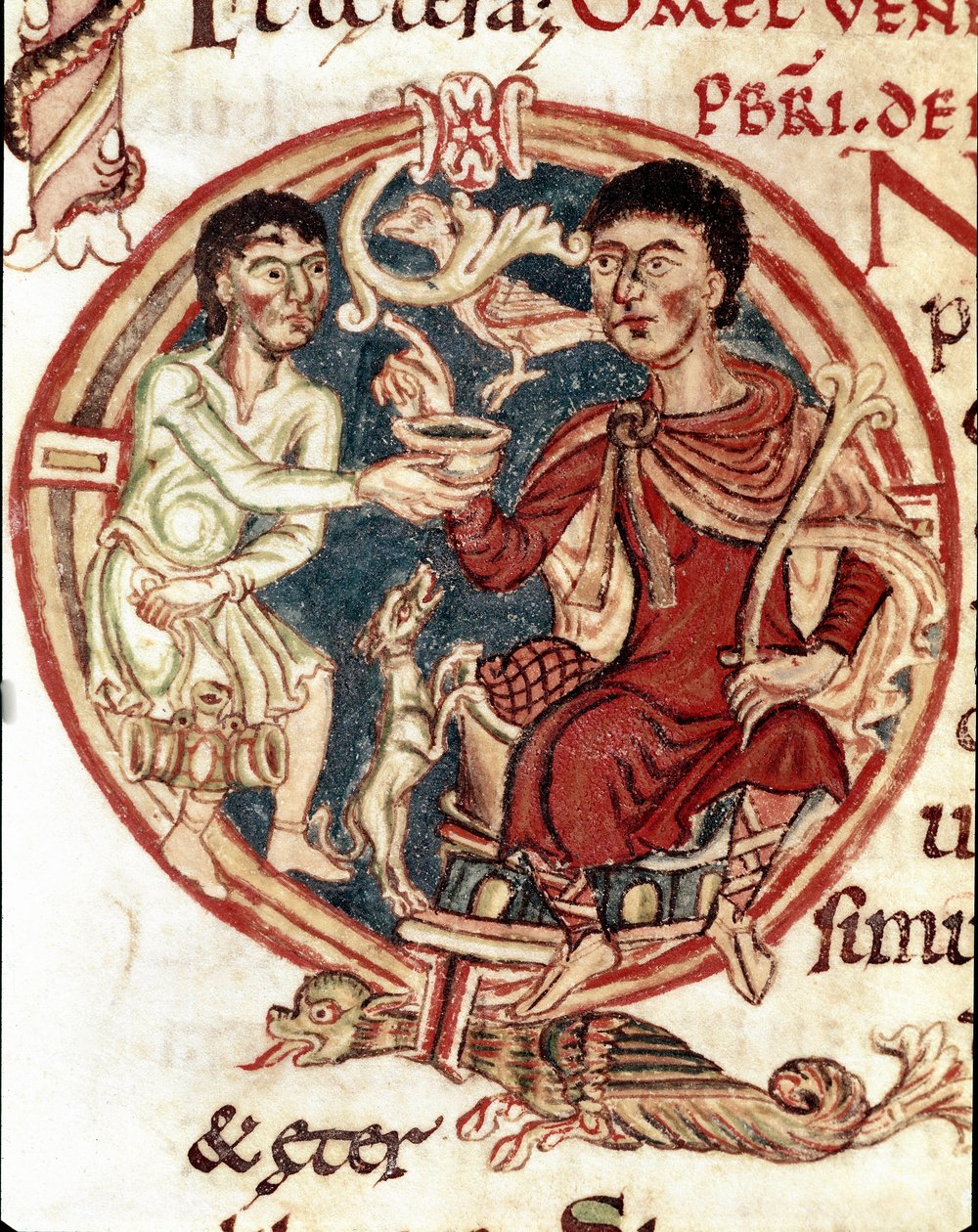 Um criado que serve para beber ao senhor Miniatura da "Lectionaire de la Cathedrale de Reims" Reims do século XI, biblioteca municipal de Unknown artist