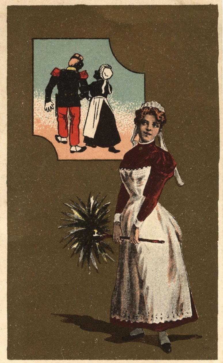 Um criado com uma pena. Ela sonhou com o braço de um soldado bonito. Cromolitografia anónima, no final do século XIX. de Unknown artist