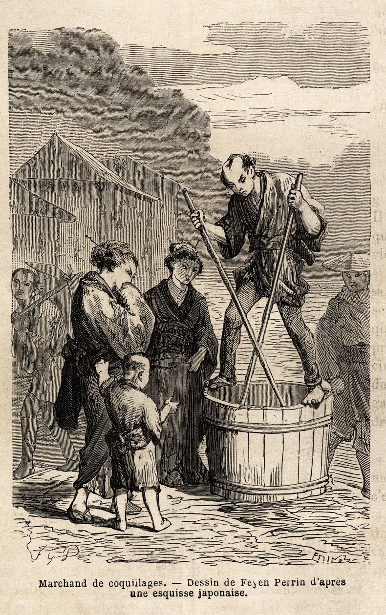 Um comerciante de conchas no meio da rua se levanta em equilíbrio no barril que contém suas mercadorias, que ele reboca com dois longos pauzinhos. Gravura para ilustrar a viagem ao Japão, em 1863-1864, de Aime Humbert, ministro da Confederação Suíça, em "L de Unknown artist