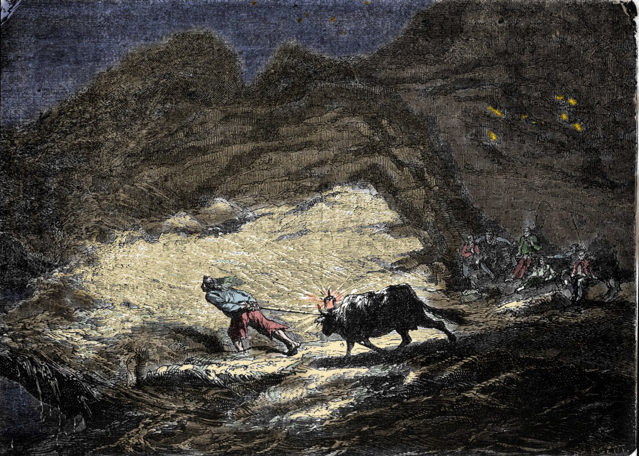 Um naufrágio (pirata) usa uma luz pendurada na cabeça de um boi para enganar navios que depois se aproximam da costa e se encontram na porta dos saqueadores. Gravura do século XIX. de Unknown artist