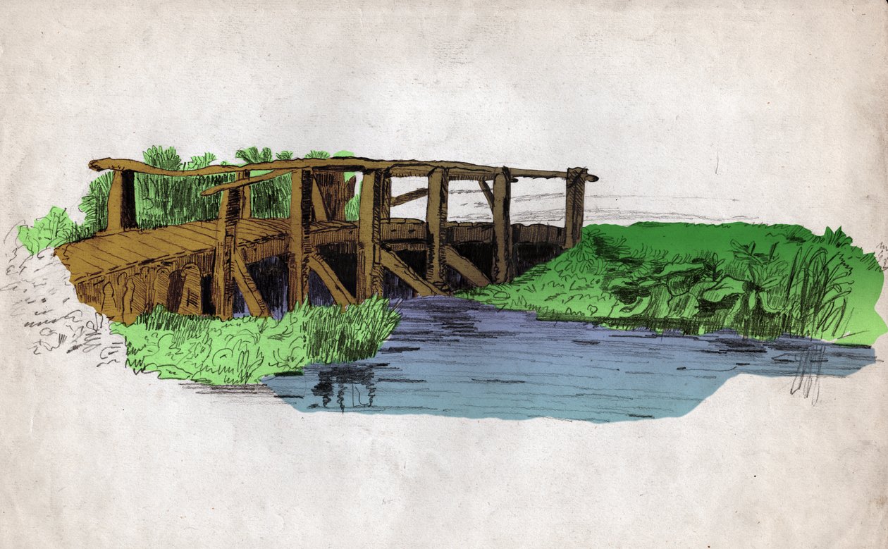 Uma pequena ponte de madeira sobre um rio (desenho, por volta de 1830) de Unknown artist
