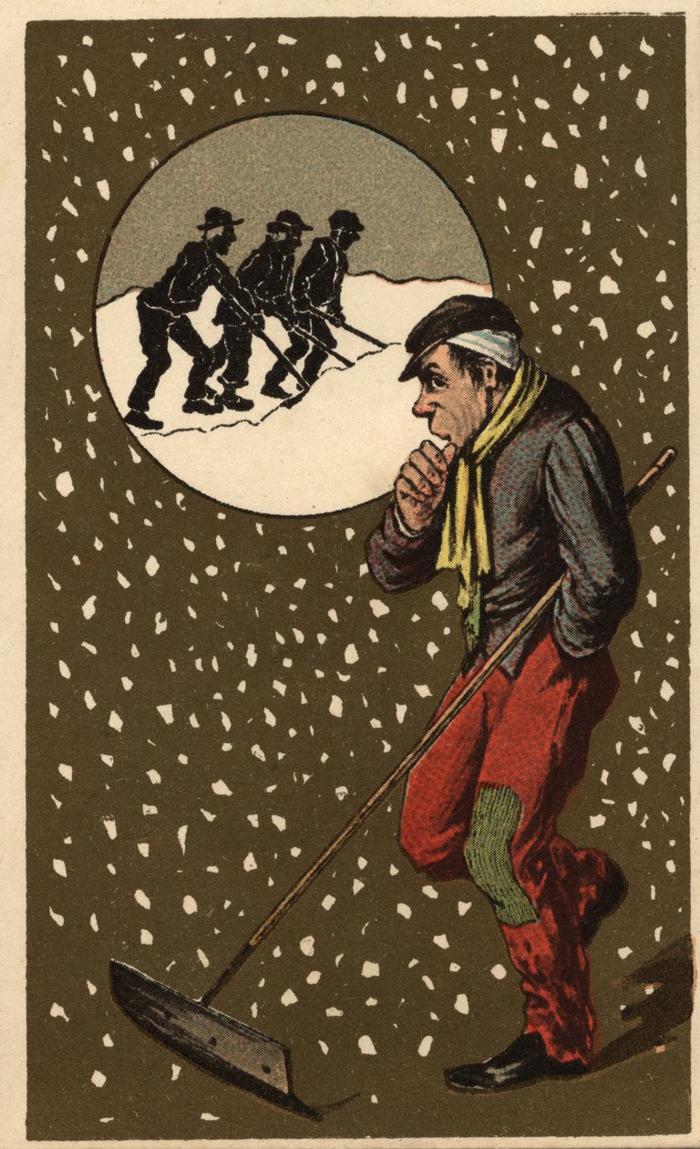 Um coletor de neve com a sua pá. Cromolitografia anónima, finais do século XIX. de Unknown artist