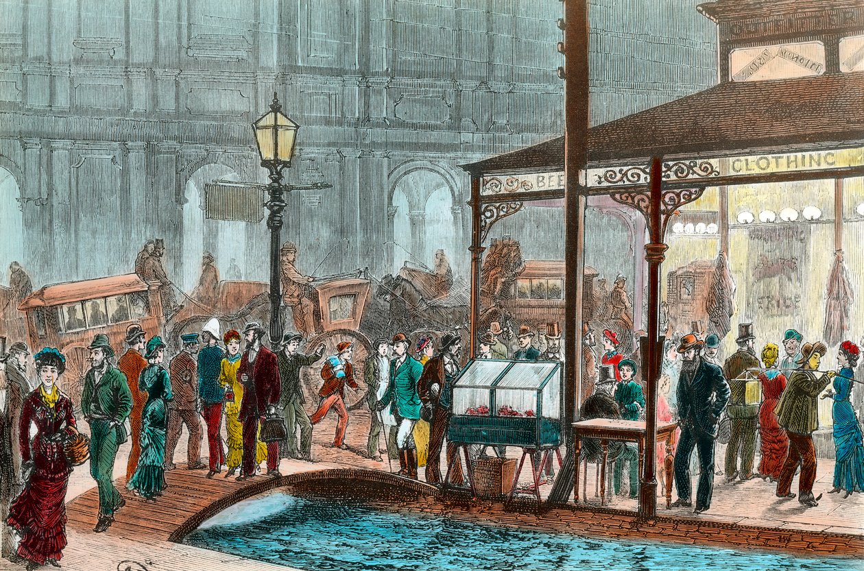 Uma rua em Melbourne no sábado à noite, Austrália. Os transeuntes passeiam na ponte. Gravura do século XIX. Coleção particular de Unknown artist