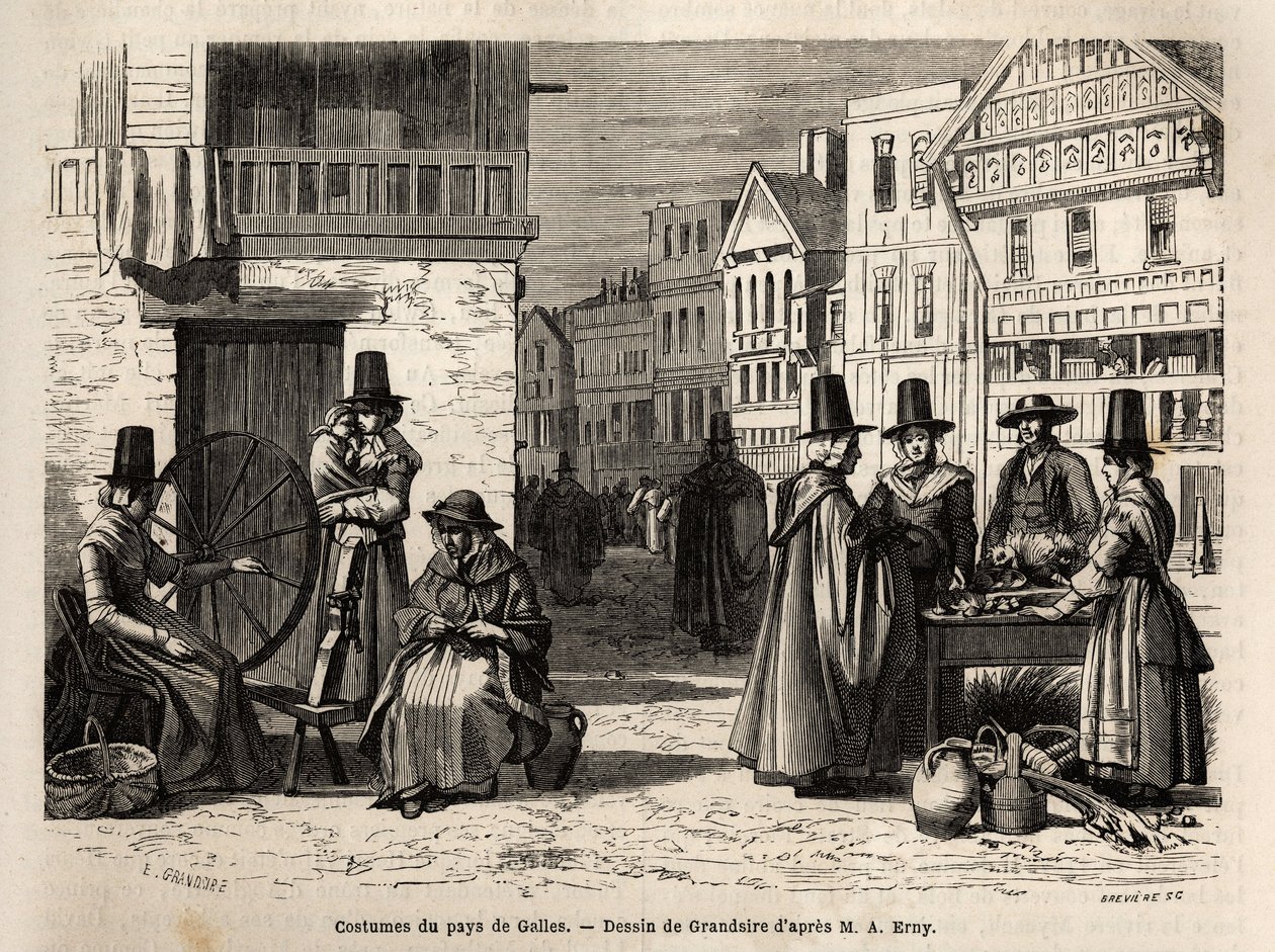 Uma rua no País de Gales, com moradores locais vestidos com trajes tradicionais e atividades cotidianas: uma família de primeira mão e mulheres girando lã com rodas. Engravure pour illustrrer un voyage dans le pays de Wales, en 1862, par Alfred Erny, in "L de Unknown artist