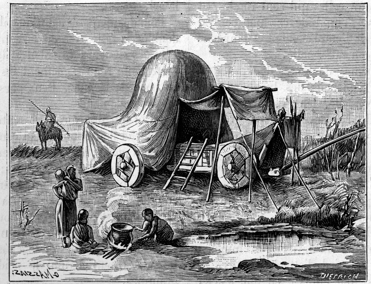 Uma tenda montada num carrinho desde o tempo dos Gauleses. Gravura em "La Nature: Revue des sciences et de leurs applications aux arts et a l