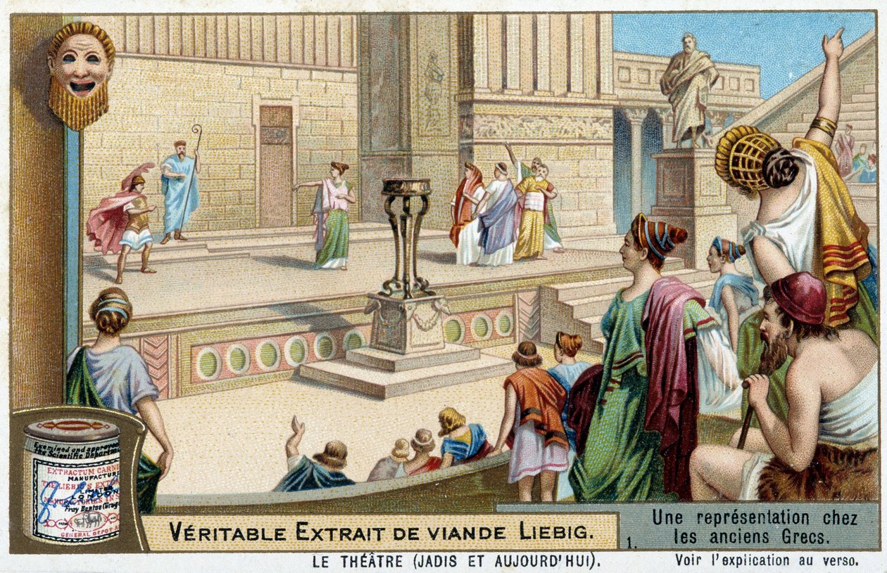 Uma representação teatral na Grécia antiga - Liebig chromolithography de Unknown artist