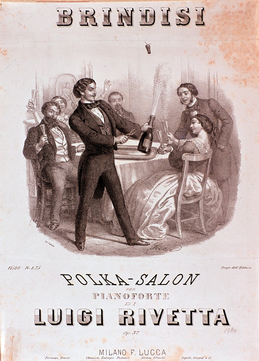Uma cena de brinde. Ilustração da partitura de Brindisi polca de Rivetta de Unknown artist