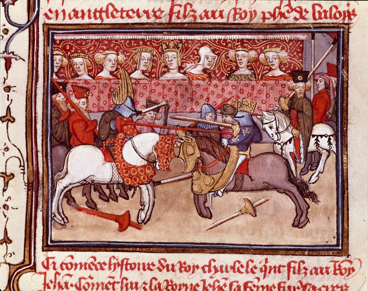 Um torneio de cavaleiros na época do Rei da França Charles V (1338-1380) Miniatura tirada de "Les grandes Chronicles de France", Chantilly do século XIV, Musee Conde de Unknown artist