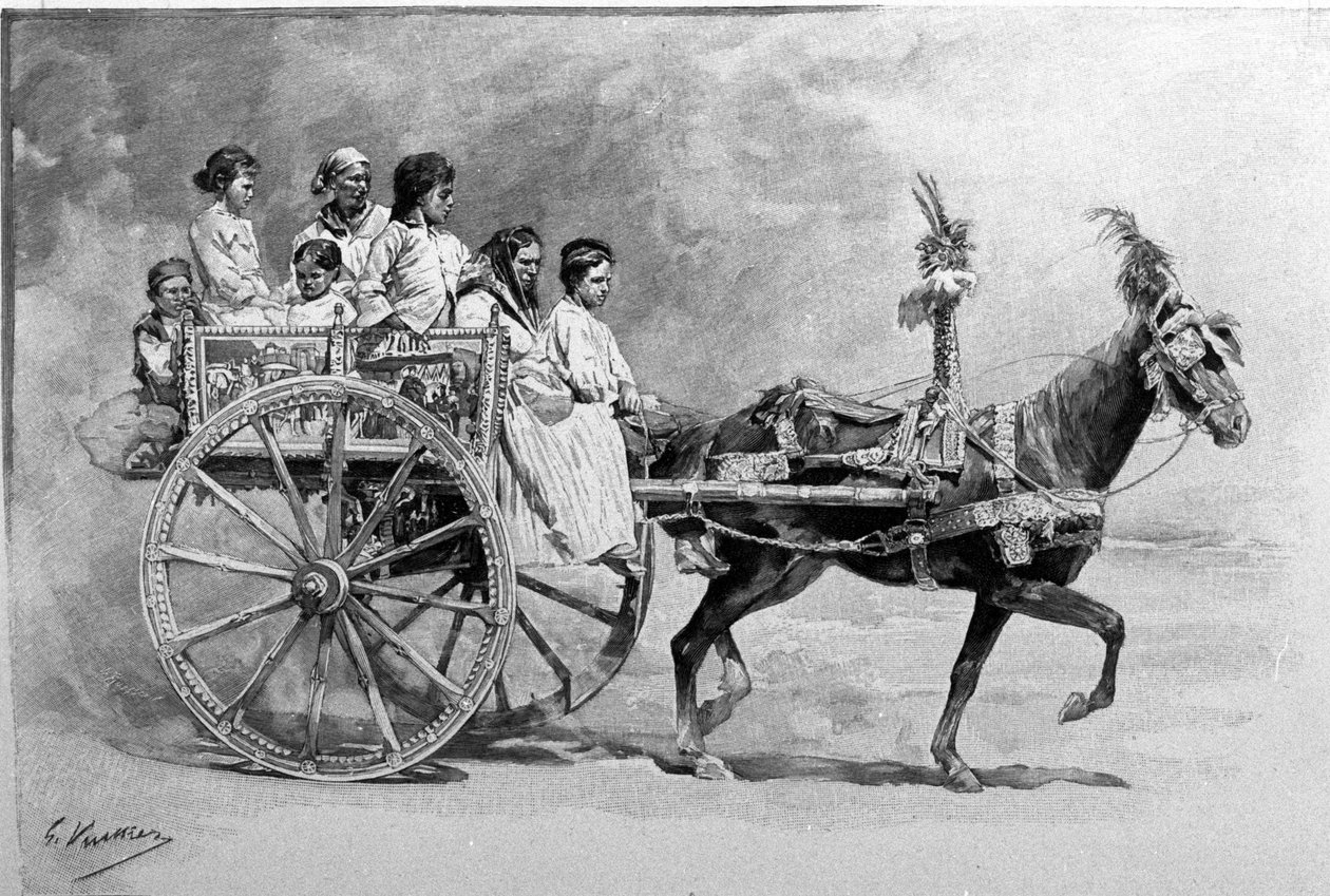 Um carro tradicional siciliano. Gravura do século XIX de Unknown artist