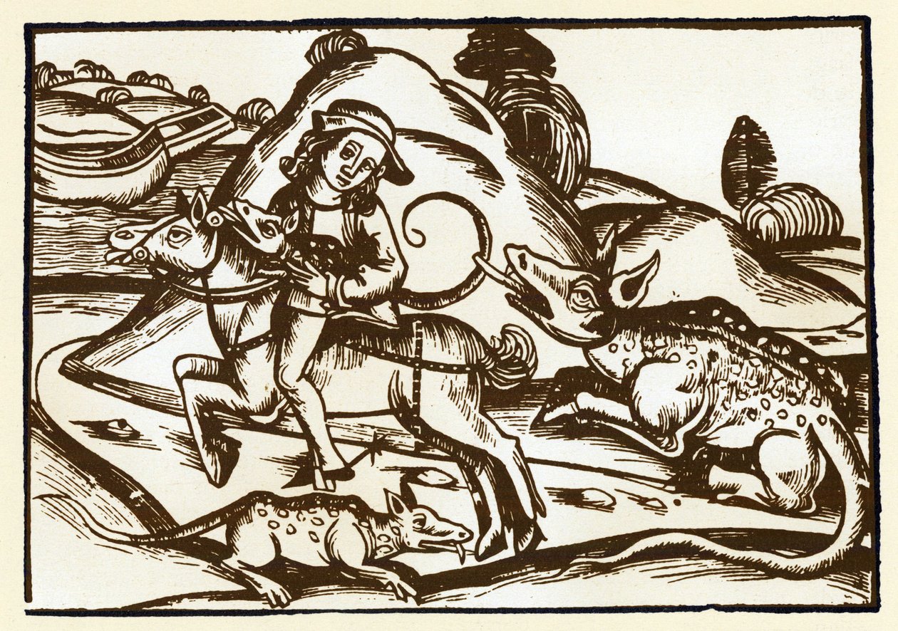 Um viajante encontra dois tigres monstruosos com o aspecto de uma Basílica. As fábulas de Esope (gravura, final do século XV) de Unknown artist