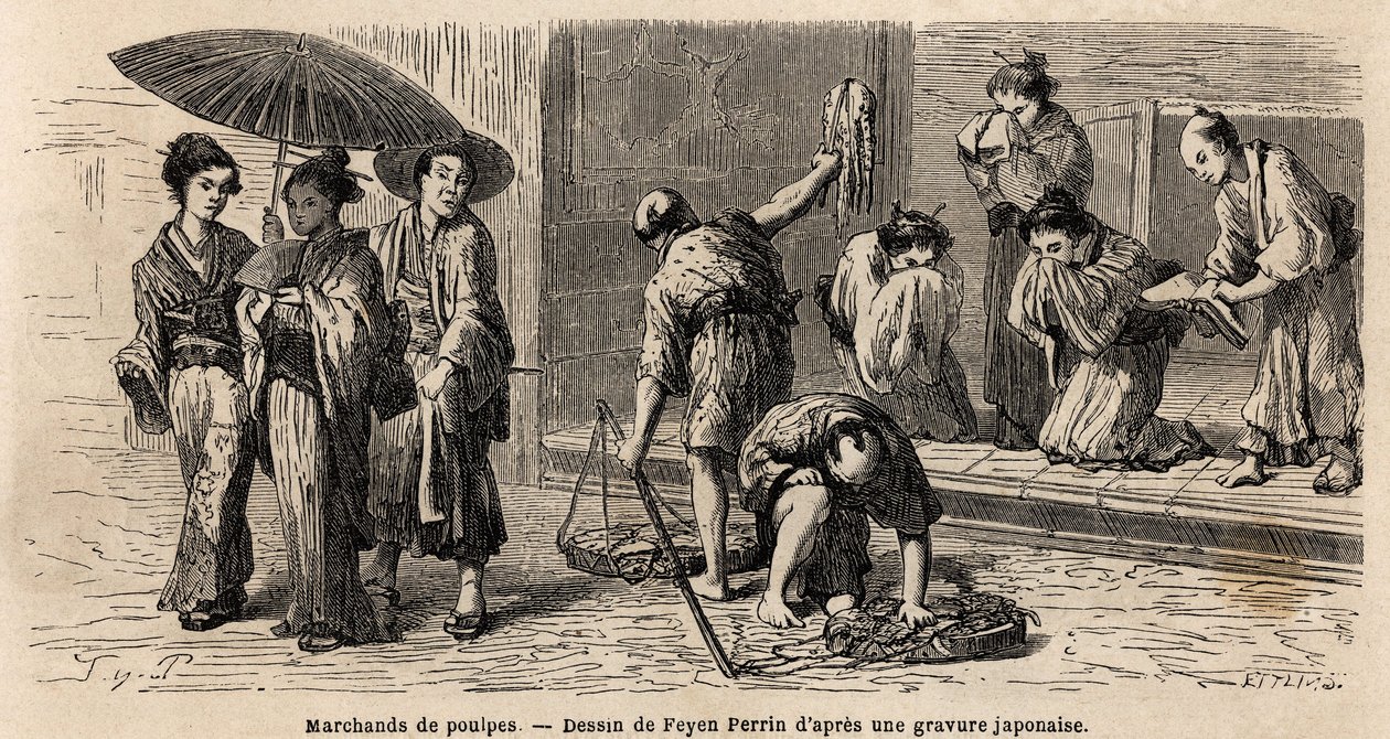 Um negociante itinerante de polvos oferece seus produtos aos transeuntes, na Rua Edo (ou Rua Yedo, agora Tóquio). Gravura para ilustrar a viagem ao Japão, em 1863-1864, de Aime Humbert, ministro da Confederação Suíça, em "Le tour du monde, nouveau journal de Unknown artist
