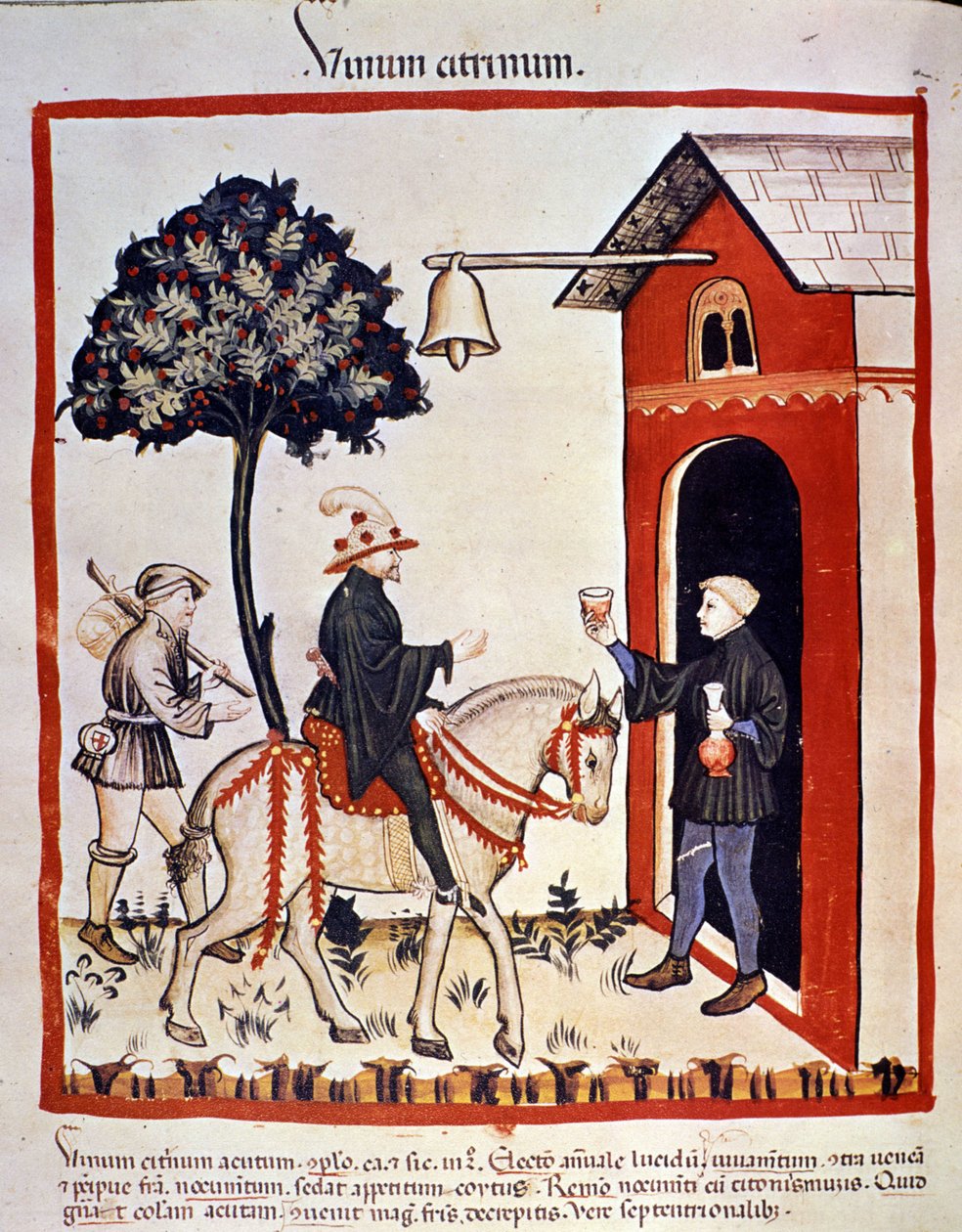 Um viajante é recebido em uma pousada e é oferecido um copo de vinho. Iluminação a partir da ordenha de medicamentos e dietética "Tacuinum sanitatis". de Unknown artist