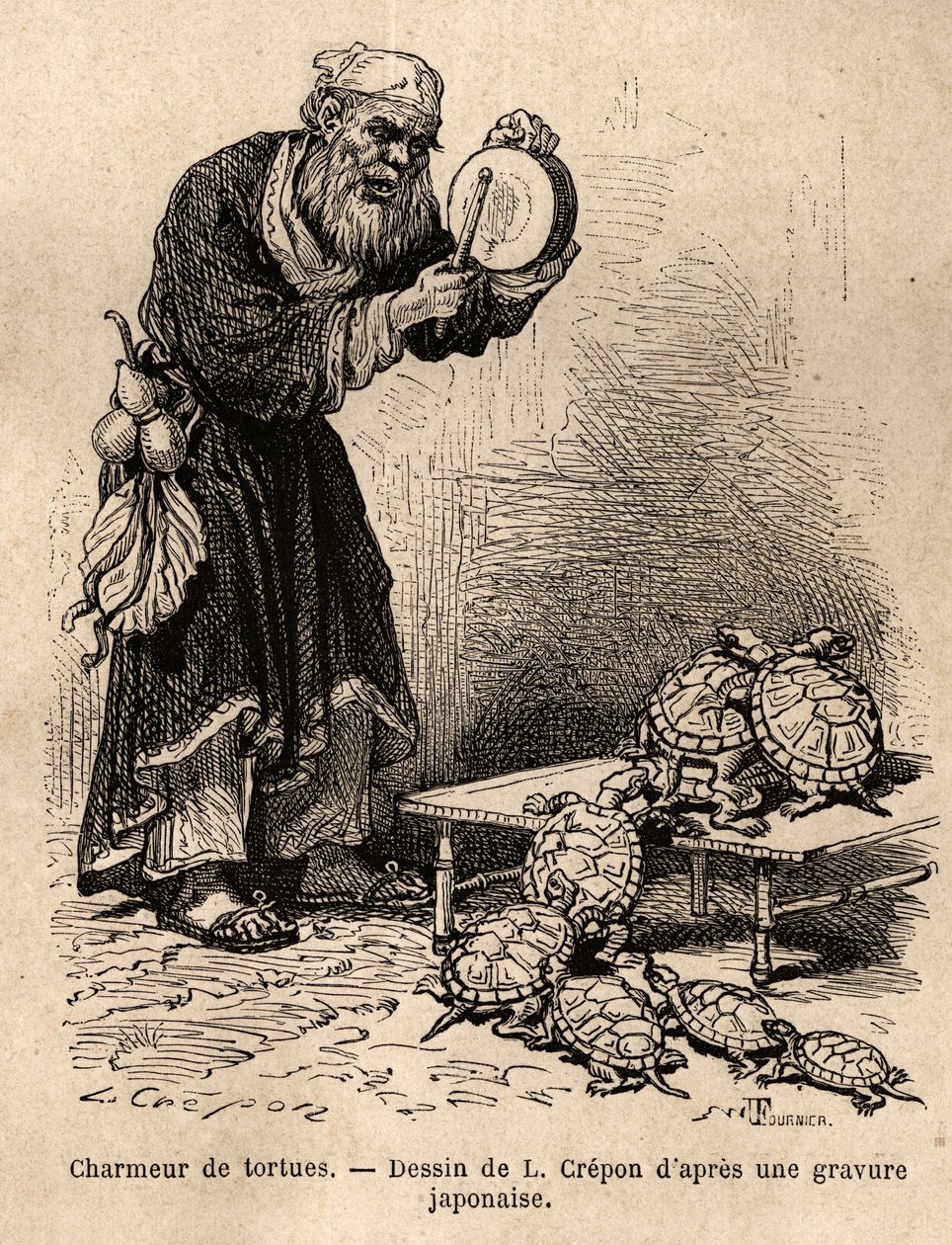 Um encantador de tartarugas, pertencente à compota intermédia entre mendigos e charlatães de fadas. Gravura para ilustrar a viagem ao Japão, de Aime Humbert, ministro da Confederação Suíça, em 1863-1864, publicada em "le tour du monde", sob o título direct de Unknown artist