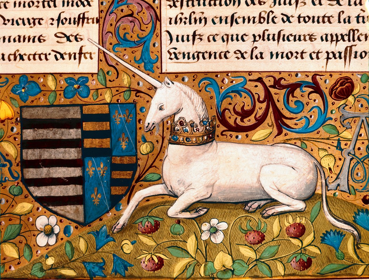 Um unicórnio e um brasão de armas Detalhe de uma página manuscrita do século XV - Chantilly, musee Conde - Unicórnio e brasão de armas - Detalhe de uma miniatura de um manuscrito do século XV - Museu Conde, Chantilly (França) de Unknown artist