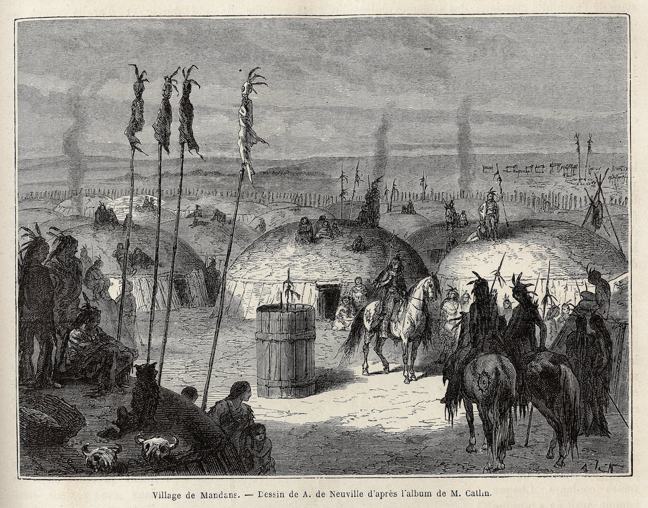 Uma aldeia de índios Mandans (ou noumah ka kie: faisões) na margem esquerda do Missouri, a 600 léguas da cidade de Saint Louis. Gravura para ilustrar uma excursão entre as tribos indígenas das bacias da Colômbia e do Alto Missouri, de G. Catlin, em 1 de Unknown artist