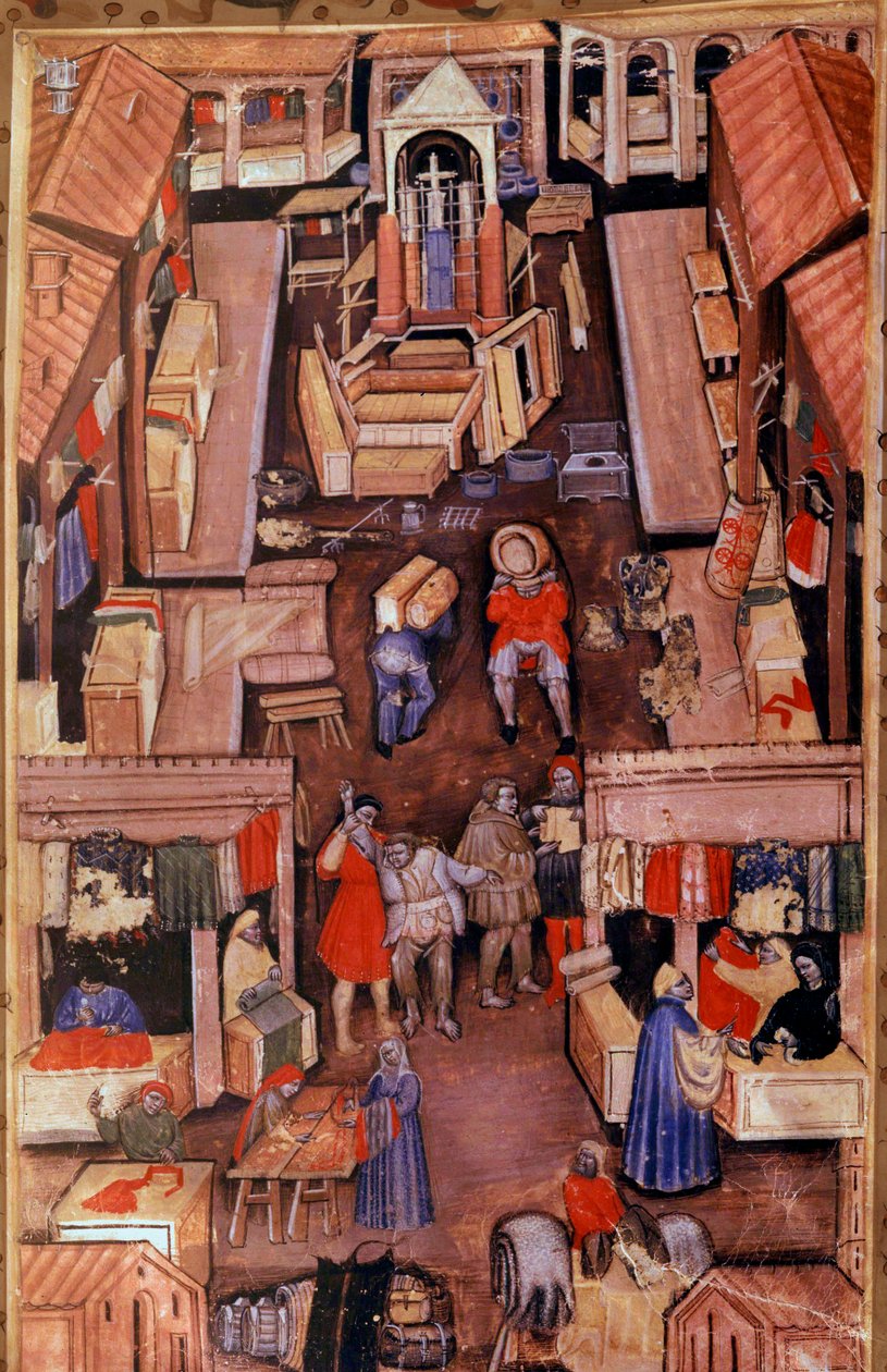 Um passeio: drapeadores, alfaiates, comerciantes de roupas em uma cidade francesa. No topo, construção de uma igreja em miniatura a partir de um manuscrito do século XV em Paris, B.N. de Unknown artist