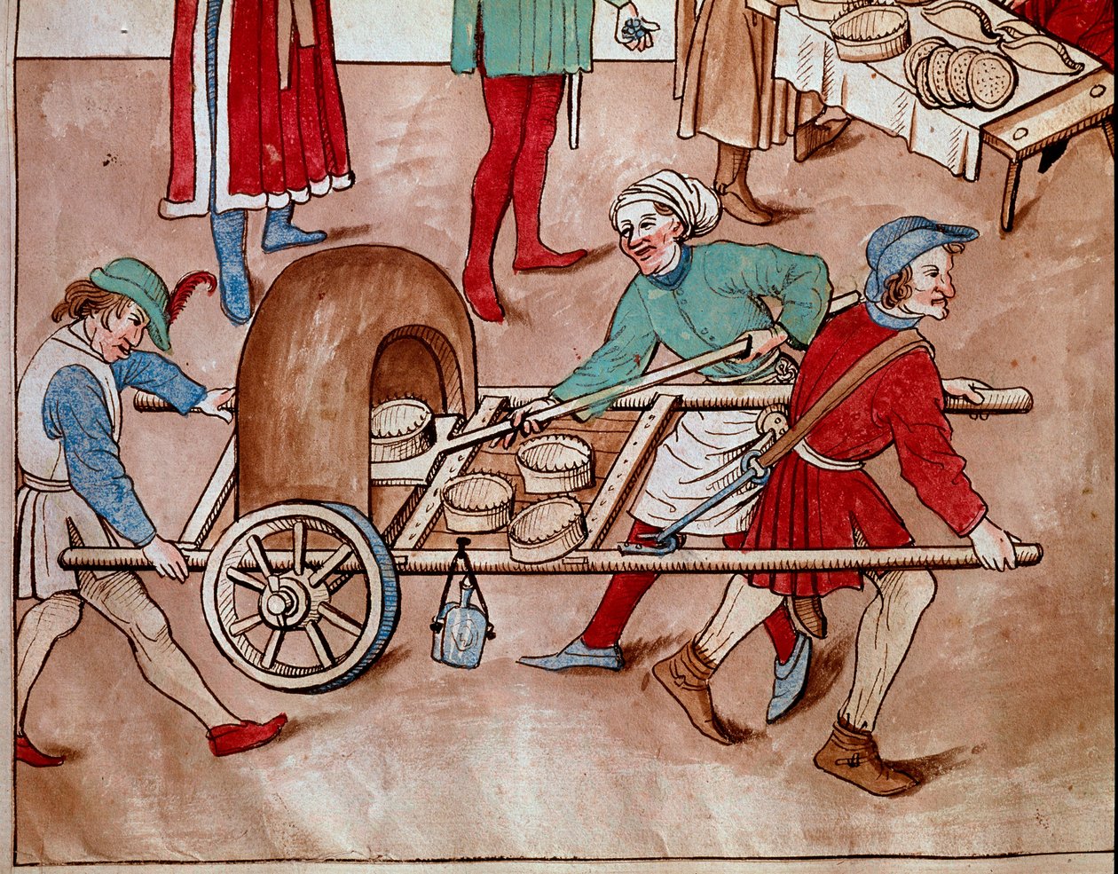 Um padeiro ambulante. Miniatura de "Chronicles of the Council of Constance" de Ulrich Richental (1360-1437) 1438 aproximadamente Praga, biblioteca nacional de Unknown artist