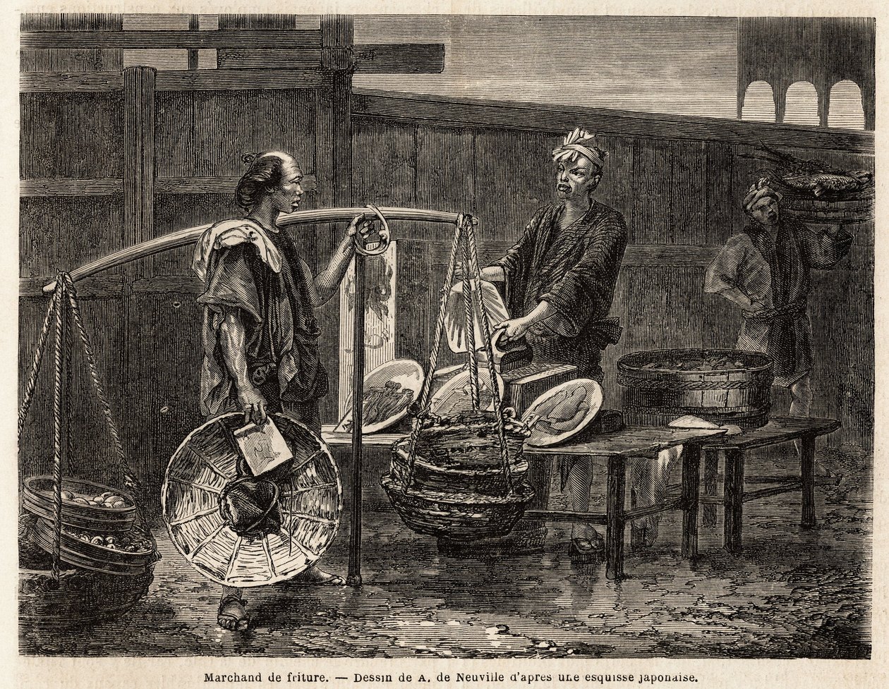 Um comerciante ambulante fritando, carrega seus donuts em cestas, e viaja ao mercado para vender, aos outros comerciantes, o almoço. Gravura para ilustrar a viagem ao Japão, em 1863-1864, de Aime Humbert, ministro da Confederação Suíça, em "Le tour du mond de Unknown artist