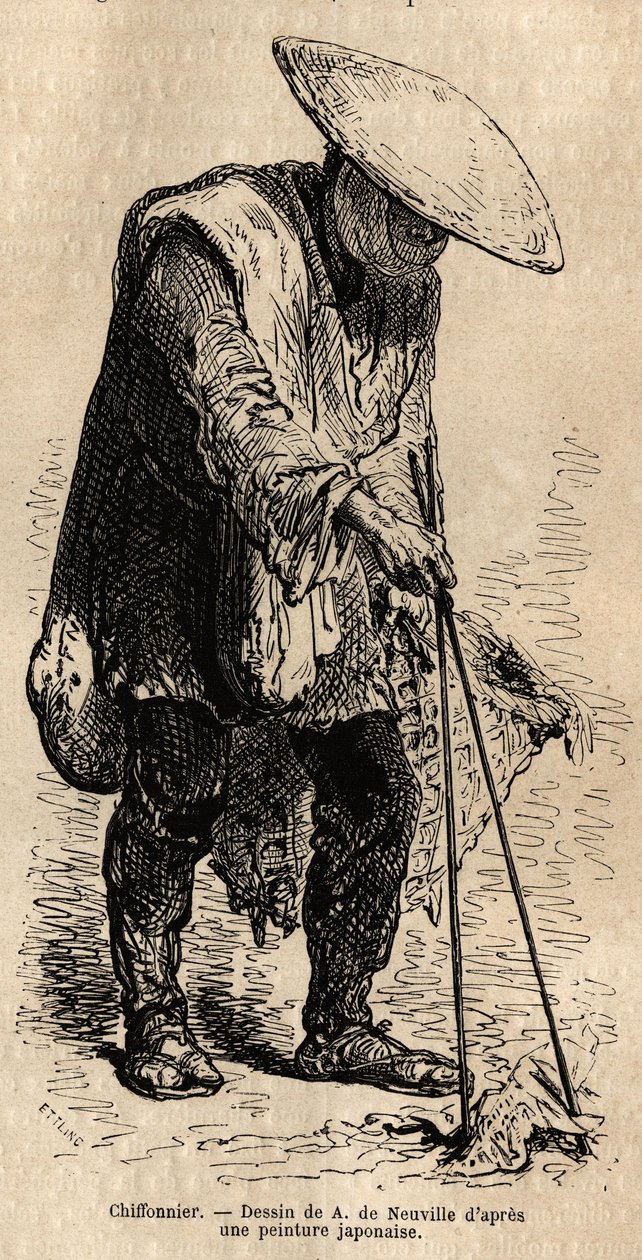 Um trapo andante, usando longos pauzinhos ele agarra os trapos que armazena na sua cesta antes de os vender a um grossista. Gravura para ilustrar a viagem ao Japão, de Aime Humbert, ministro da Confederação Suíça, em 1863-1864, publicada em "le tour du de Unknown artist