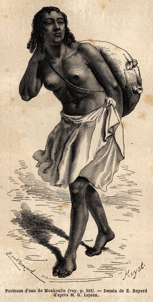 Um carregador de água de Monkoullo, uma mulher Samhariana (Etiópia), usando uma parte superior de couro pendurada numa longa corda de fibra de palmeira, que ela esvazia num grande tanque de barro para regar a besta. Engravure pour illustrrer le voyage en A de Unknown artist