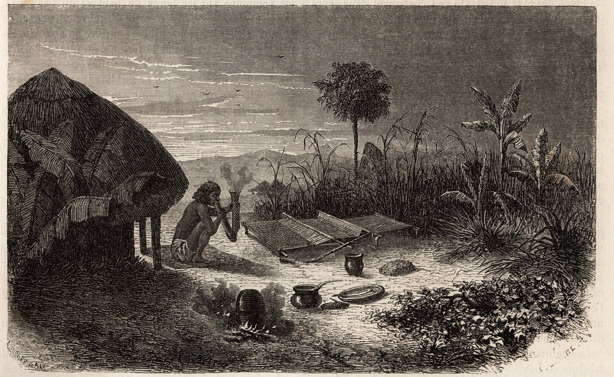 Um tecelão e a sua tecelã, nas margens do rio Zambeze. Gravura para ilustrar as primeiras viagens do Dr. Livingstone à África Austral entre 1840 e 1856, no "Le tour du monde, nouveau journal des voyages" publicado sob a direcção de Edouard Charton de Unknown artist