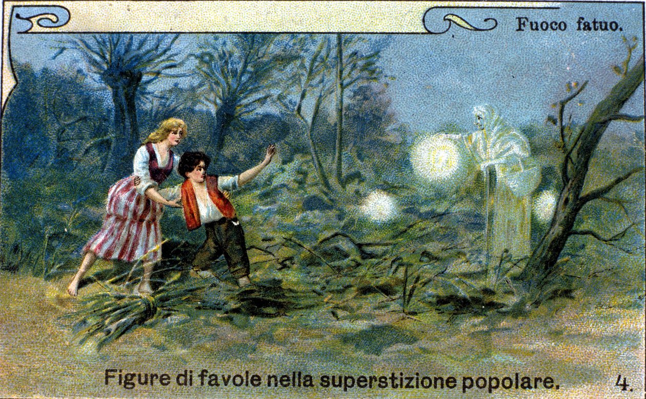 Uma fogueira selvagem, uma luz difusa que pode ser vista à noite perto dos pântanos e cemitérios, seria um espírito inteligente da tradição popular. chromolithographof do século XIX. de Unknown artist