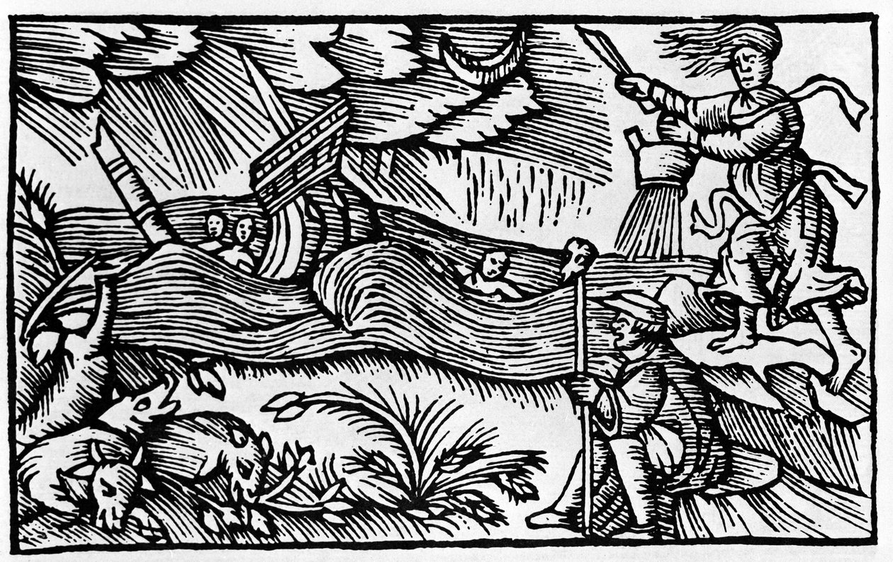 Uma bruxa causa uma tempestade depois de "Historia de gentis nortentrionalibu" s de Olaus Magnus, Roma 1555 de Unknown artist