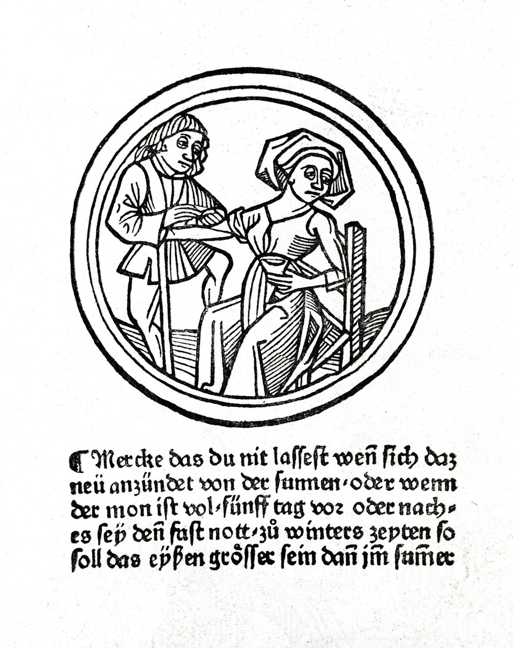 Uma mulher está a sangrar. Xilografia em "Buch de Surgery" de Hyeronimus Braunschweig. Estrasburgo 1497 de Unknown artist