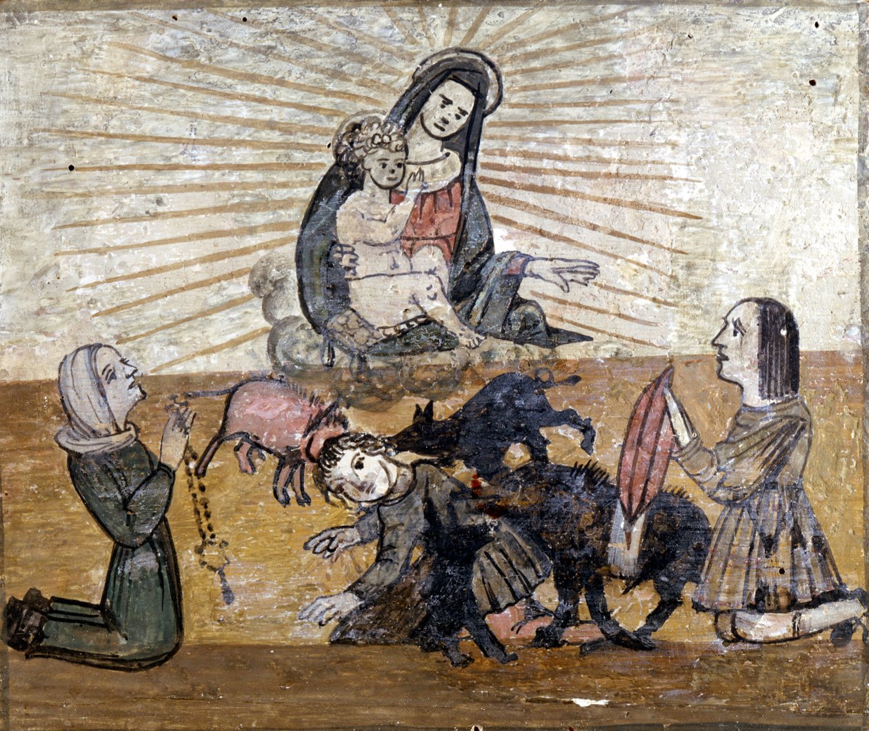 Um jovem rapaz atacado por um grupo de porcos selvagens (javalis). Ex voto do século XVI do santuário da Madonna del Monte perto de Cesena (Forlí). de Unknown artist