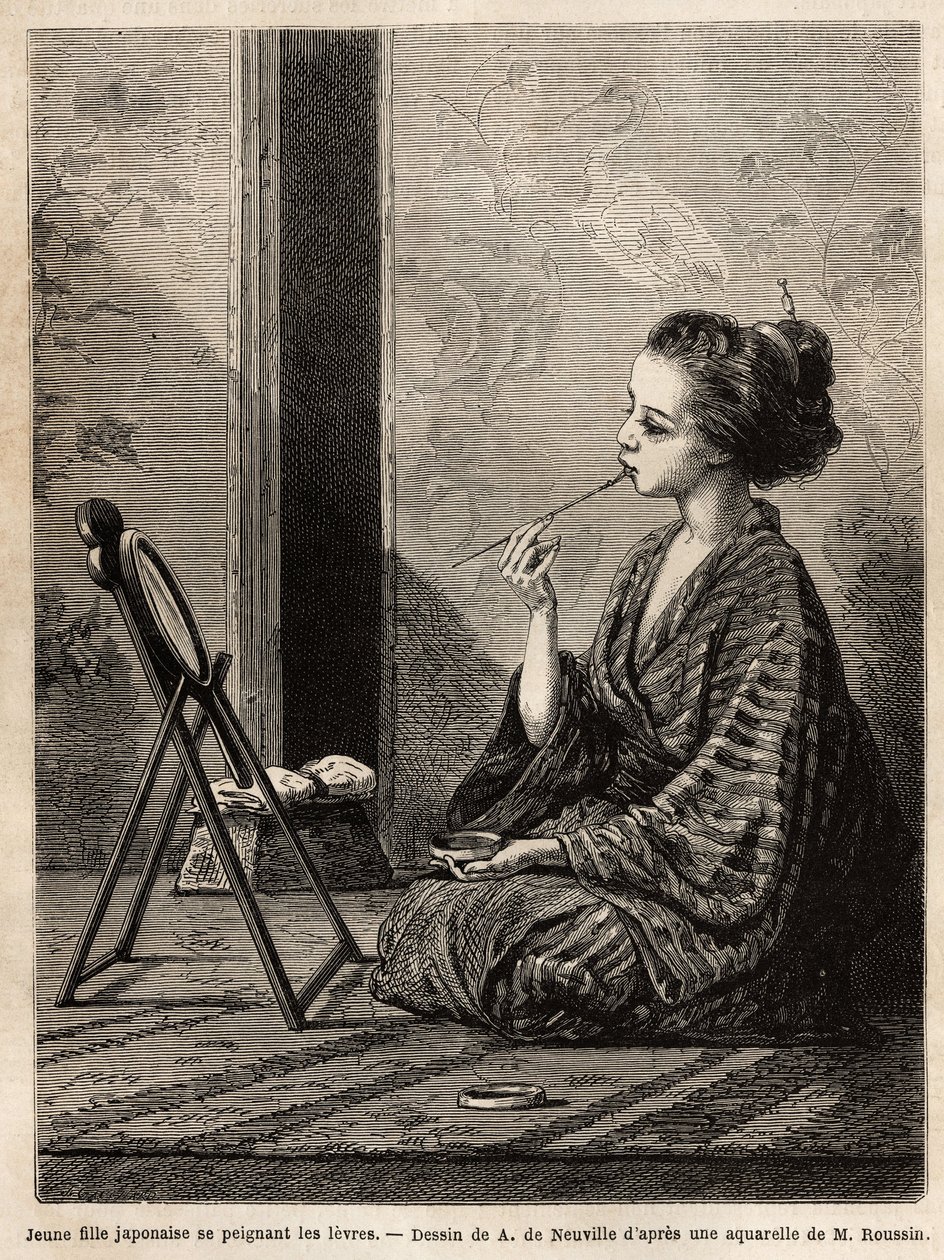 Uma jovem de Yedo (ou Edo, atual Tóquio), pintando os lábios em frente ao espelho, tem suas dimensões a caixa de verniz contendo suas necessidades: pentes, pincéis e ganchos de cabelo, pólvora, pó de arroz e outros cosméticos. Gravura para ilustrar de Unknown artist