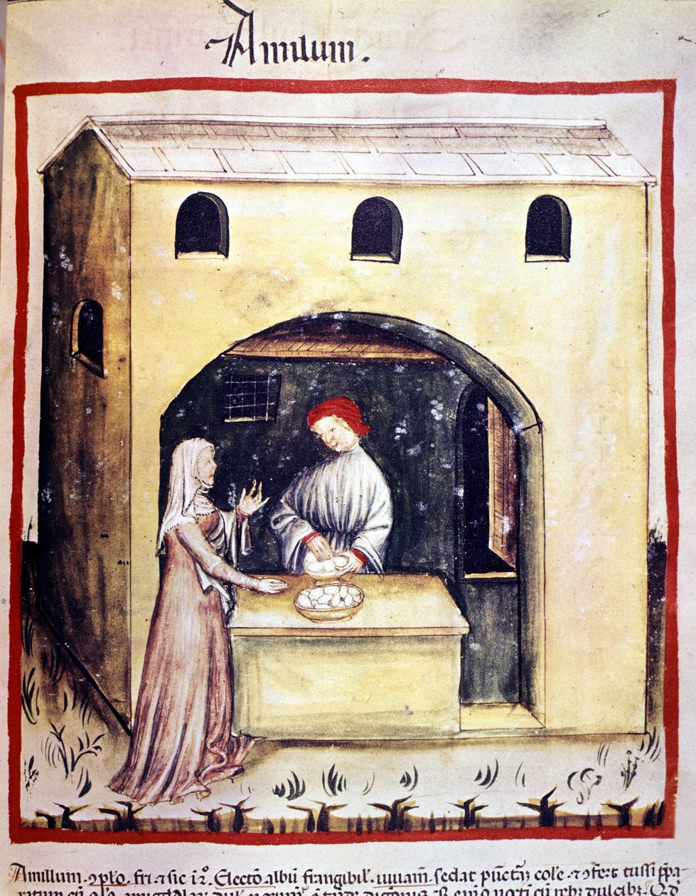 Uma jovem mulher compra ovos a um comerciante. Iluminação a partir da ordenha de medicamentos e dietética "Tacuinum sanitatis". de Unknown artist