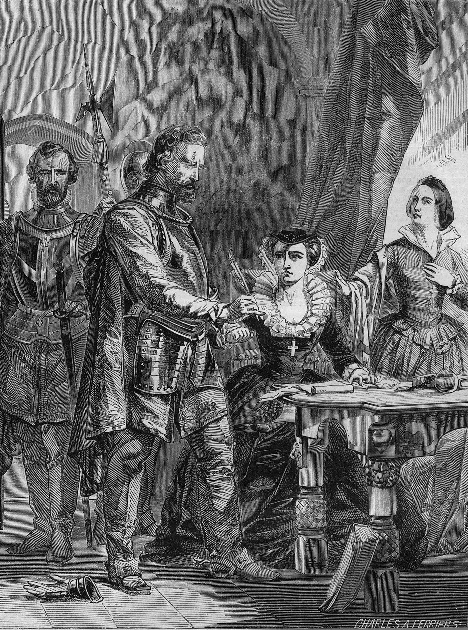 Abdicação de Mary I Stuart (1542-1587), rainha da Escócia e da França (1559-1560). Gravura a partir de 1861. de Unknown artist