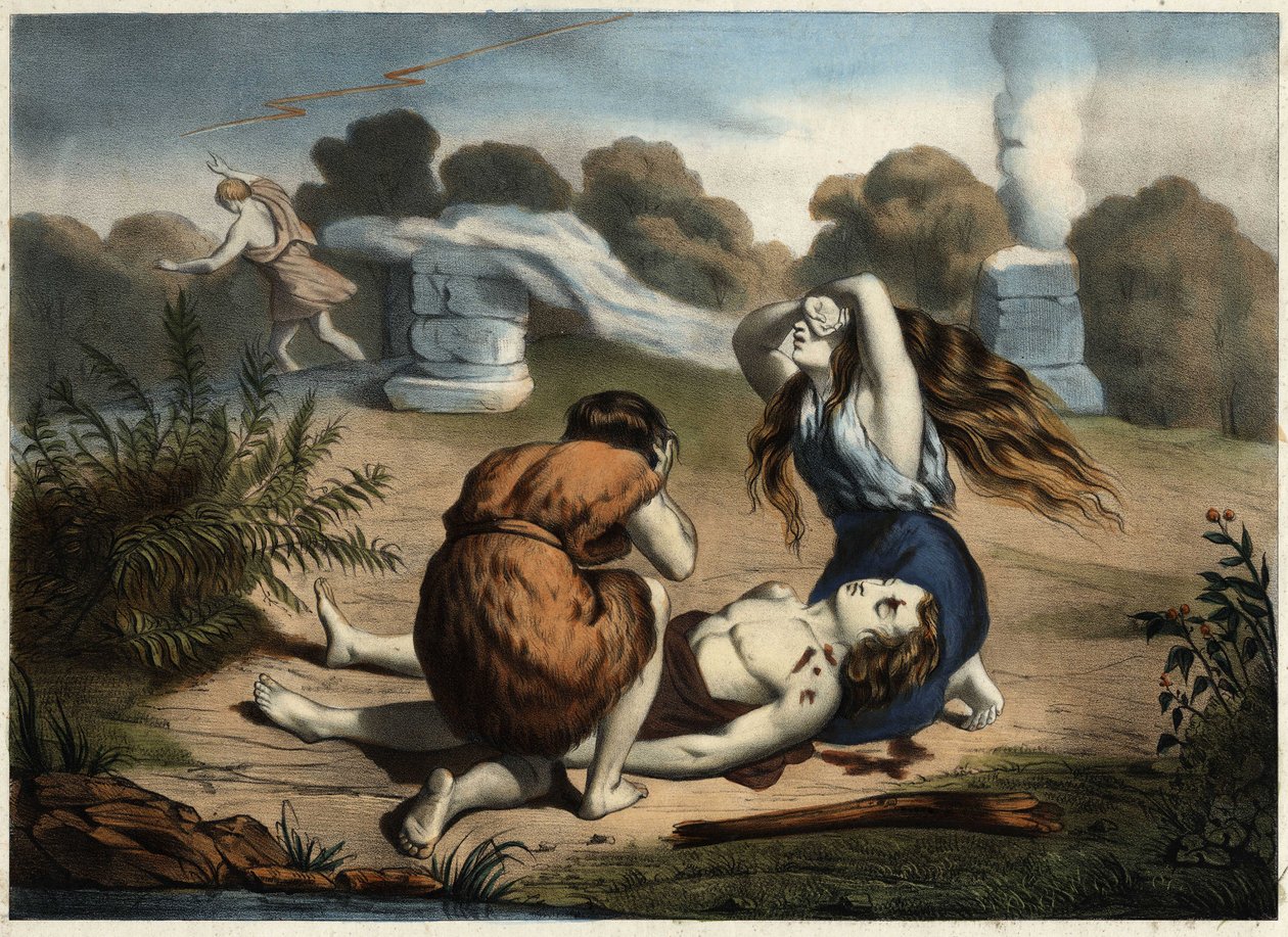 A morte do Abel. Abel sacrificou uma das suas ovelhas a Deus. Deus preferiu esta oferta à oferta de fruto do seu irmão, Caim. Este, ciumento, assassina o seu irmão. Gravura anónima de meados do século XIX. de Unknown artist