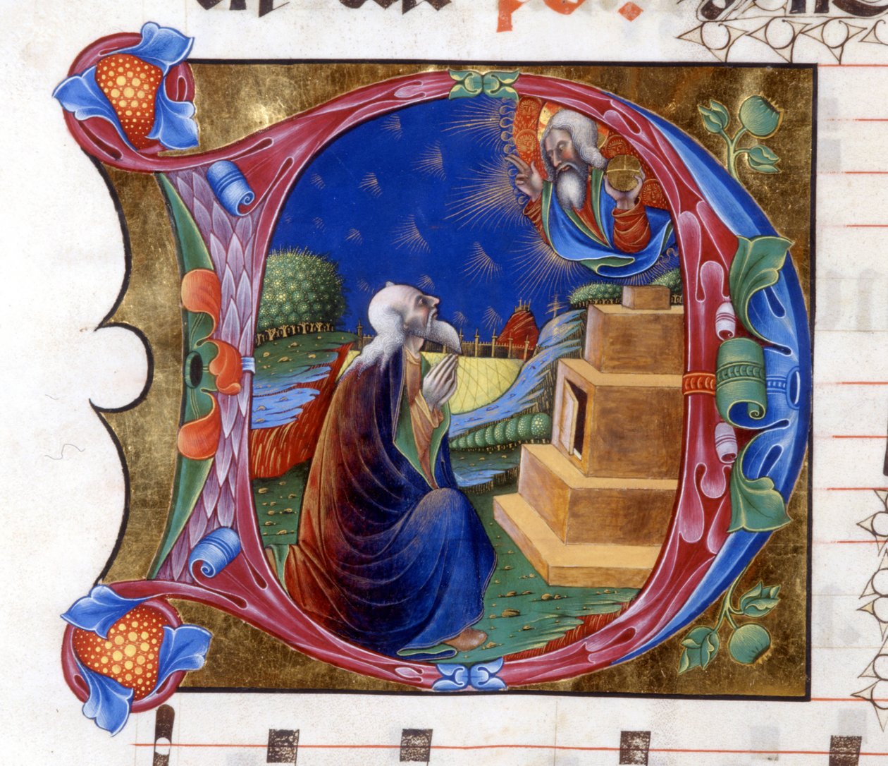 Abraão convidado pelo Senhor a deixar a sua terra. Miniatura de um coro do século XV ("civitatis" de Santo Agostinho). Biblioteca de Lodi de Unknown artist