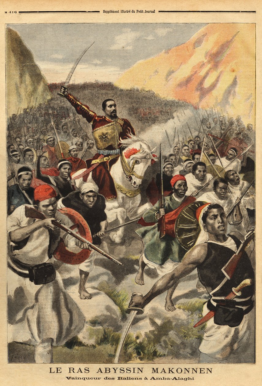 Abyssinian ras Ras Makonnen (Mekonnen Welde Mikael) (Abba Qagnew) (1852-1906), senhor da guerra e braço direito do Imperador Menelik II (1844-1913), com as suas tropas, vencedor de Amba Alaghi, do exército italiano comandado pelo Major Toselli. Gravura em  de Unknown artist