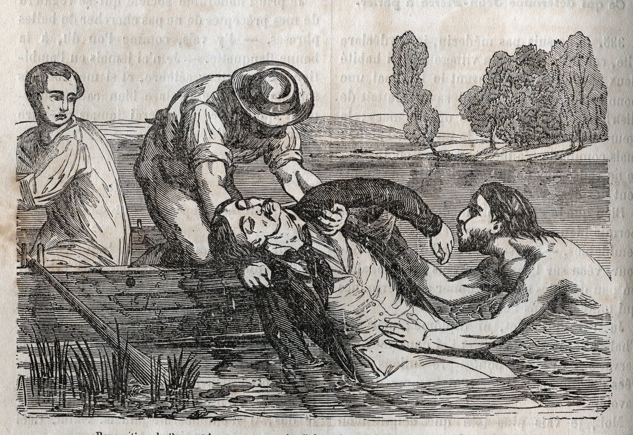 Medicina de acidentes - sobre o alívio mais eficaz a dar aos afogados - para remover um afogado da água, é preciso fazê-lo da forma mais conveniente possível - gravação em "La Sante Universelle - Guide Medical des Families" 1852 de Unknown artist