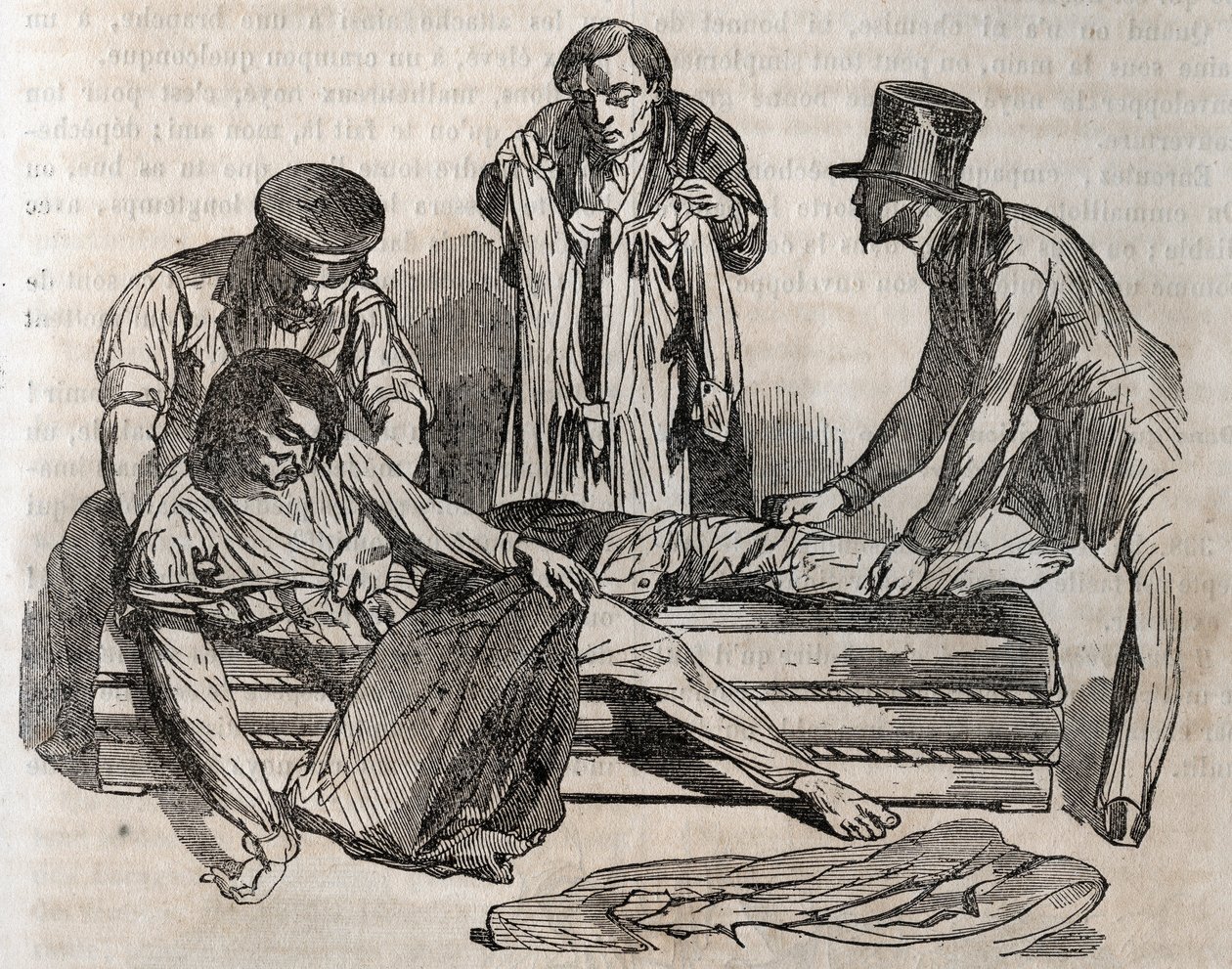 Medicina de acidentes - sobre o alívio mais eficaz a dar aos afogados - para se despir o mais rápido possível, é preciso rasgar os efeitos molhados - gravação em "La Sante Universelle - Guide Medical des Familles" 1852 de Unknown artist