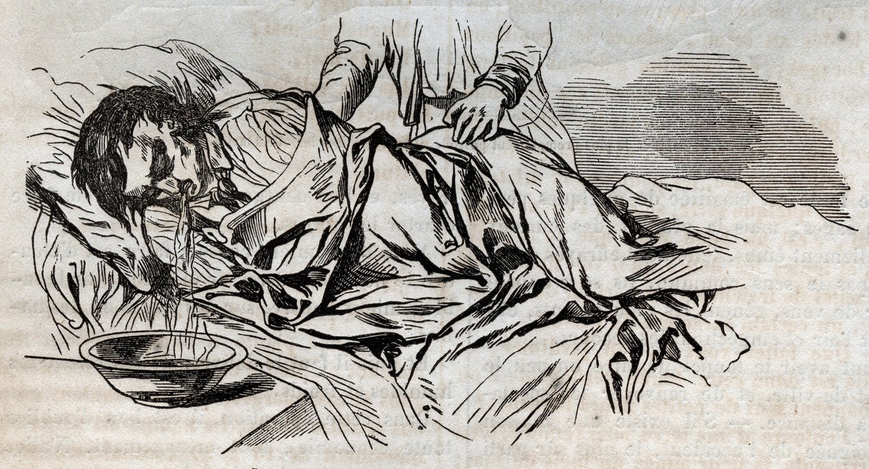 Medicina de acidentes - no alívio mais eficaz para dar às pessoas afogadas - as fraldas de nozes na lateral e vomitando a água que ele bebia - gravura em "La Sante Universelle - Guide Medical des Familles" 1852 de Unknown artist